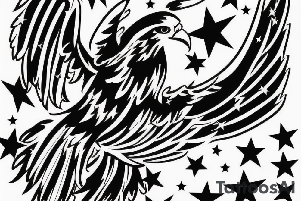 Red white and blue eagle flying in a star filled sky tattoo idea