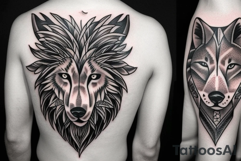 Half lion half wolf tattoo idea