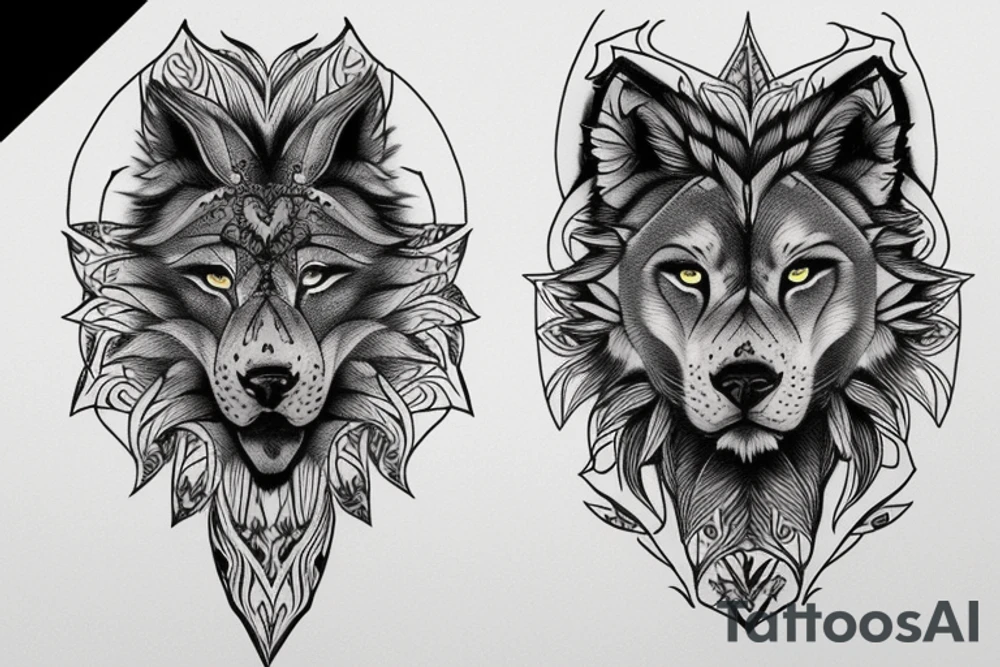 Half lion half wolf fierce stare down tattoo idea