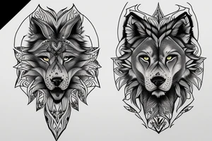 Half lion half wolf fierce stare down tattoo idea