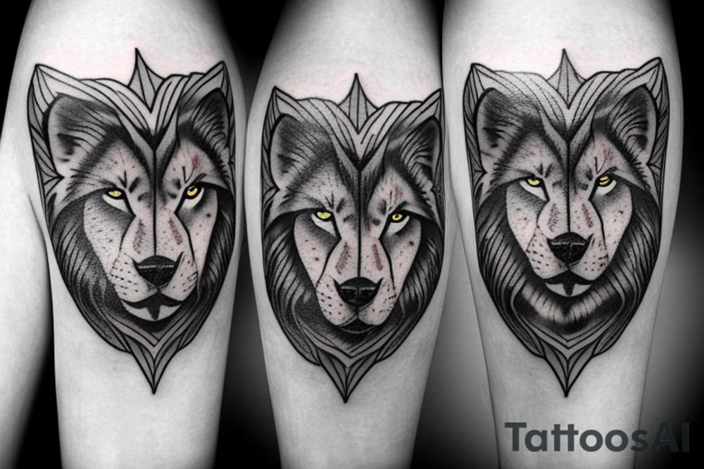 Half lion half wolf fierce stare down tattoo idea