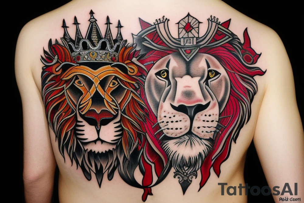 Lion wearing a crown with red eyes tattoo idea