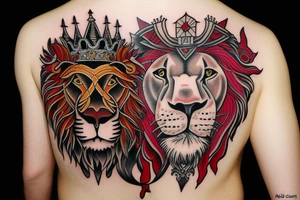 Lion wearing a crown with red eyes tattoo idea