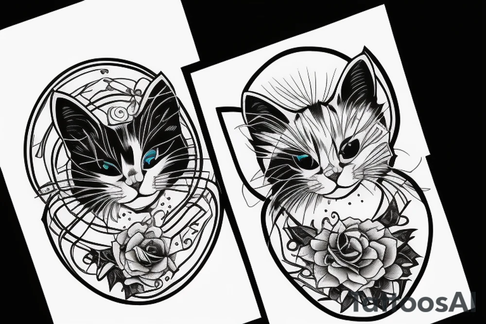 Black cat side view looking up with opposite white mirror cat Gemini tattoo idea Black cat side view looking up with opposite white mirror cat Gemini tattoo idea