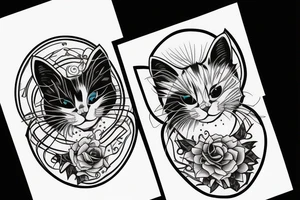 Black cat side view looking up with opposite white mirror cat Gemini tattoo idea