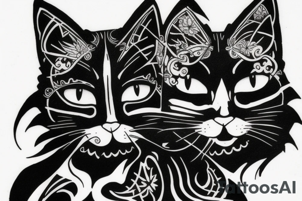 Black cat side view looking up with opposite white mirror cat Gemini tattoo idea Black cat side view looking up with opposite white mirror cat Gemini tattoo idea