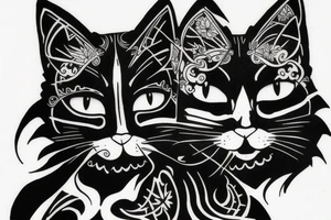 Black cat side view looking up with opposite white mirror cat Gemini tattoo idea