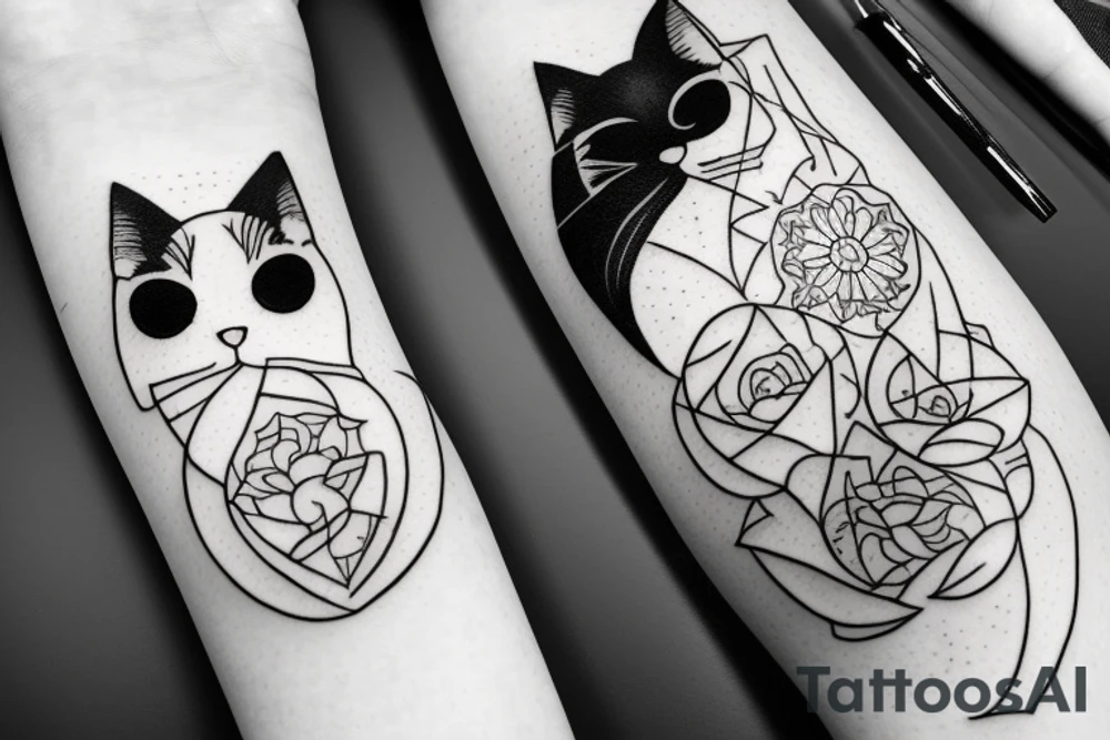 Black cat profile view looking up with opposite white mirror cat Gemini tattoo idea Black cat profile view looking up with opposite white mirror cat Gemini tattoo idea