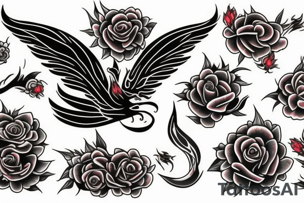 Phoenix rising from burning roses tattoo idea
