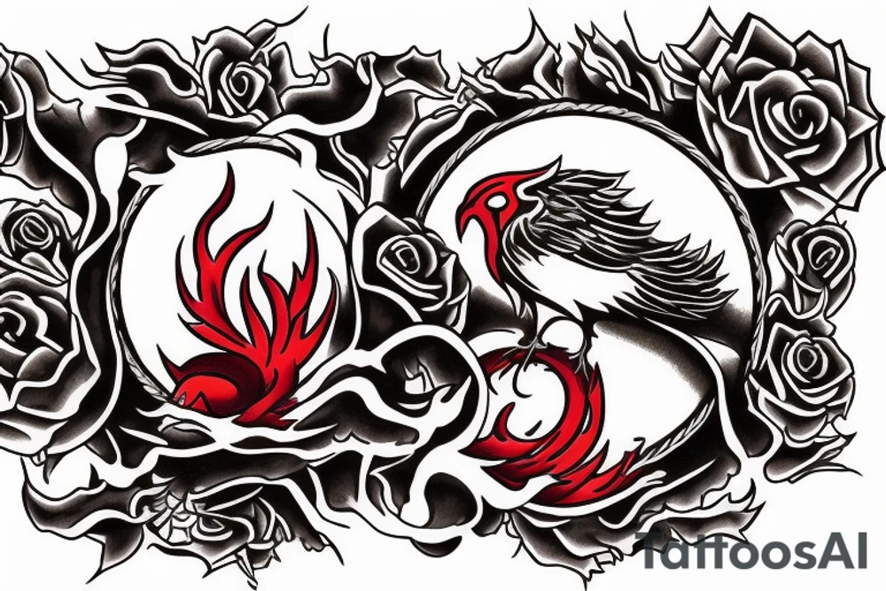 Phoenix rising from burning roses tattoo idea