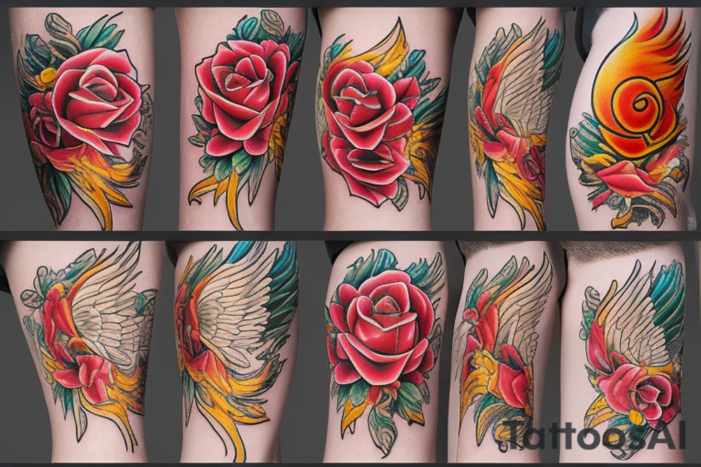 Phoenix rising from burning roses tattoo idea