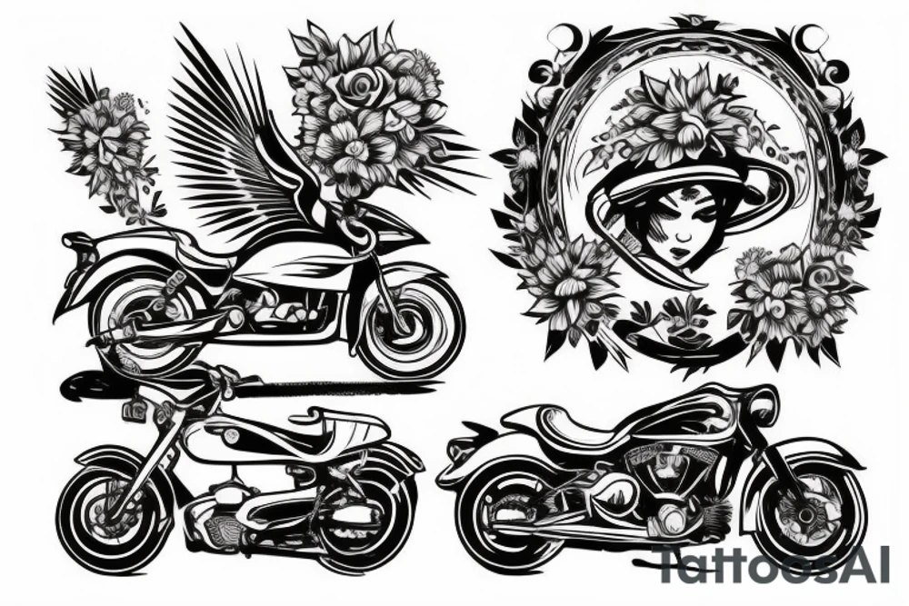 Motorbike with flower basket on front outline tattoo idea