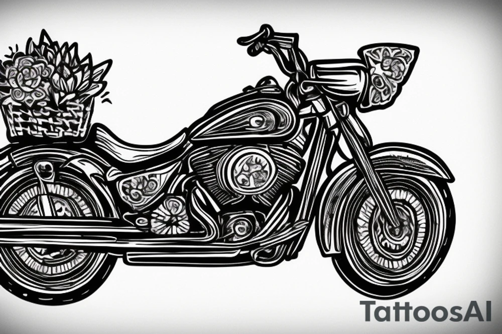 Motorbike with flower basket on front outline cartoon tattoo idea
