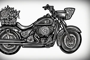 Motorbike with flower basket on front outline cartoon tattoo idea