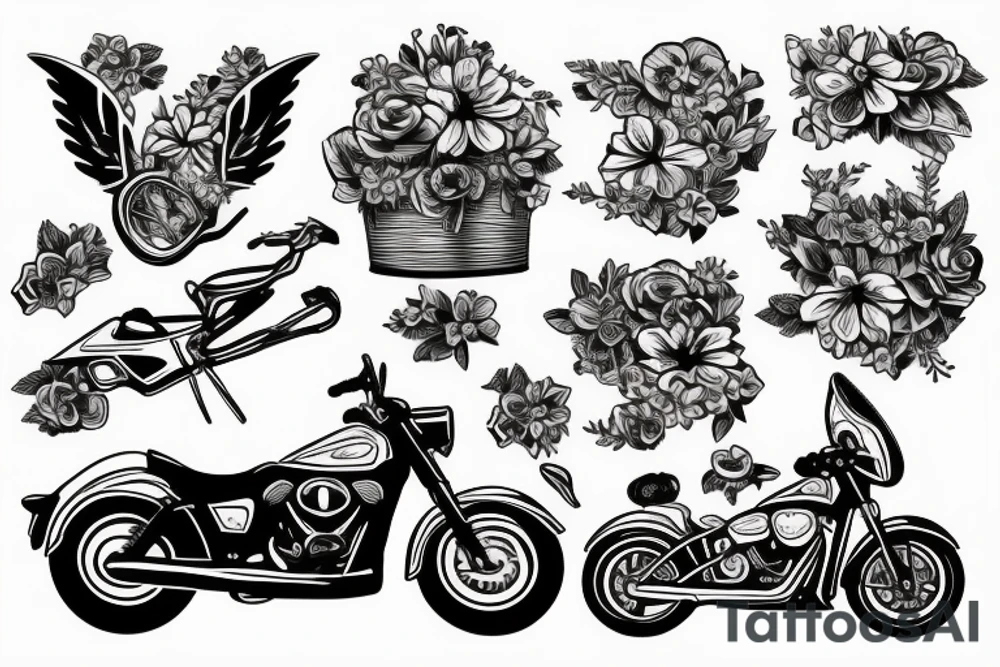 Motorbike with flower basket on front outline cartoon tattoo idea