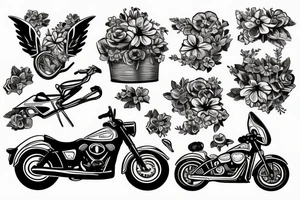 Motorbike with flower basket on front outline cartoon tattoo idea