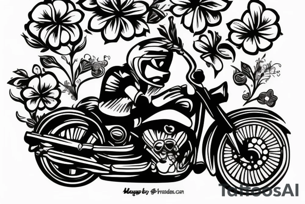 Motorbike with flower basket on front outline cartoon tattoo idea