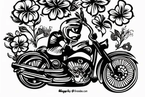Motorbike with flower basket on front outline cartoon tattoo idea