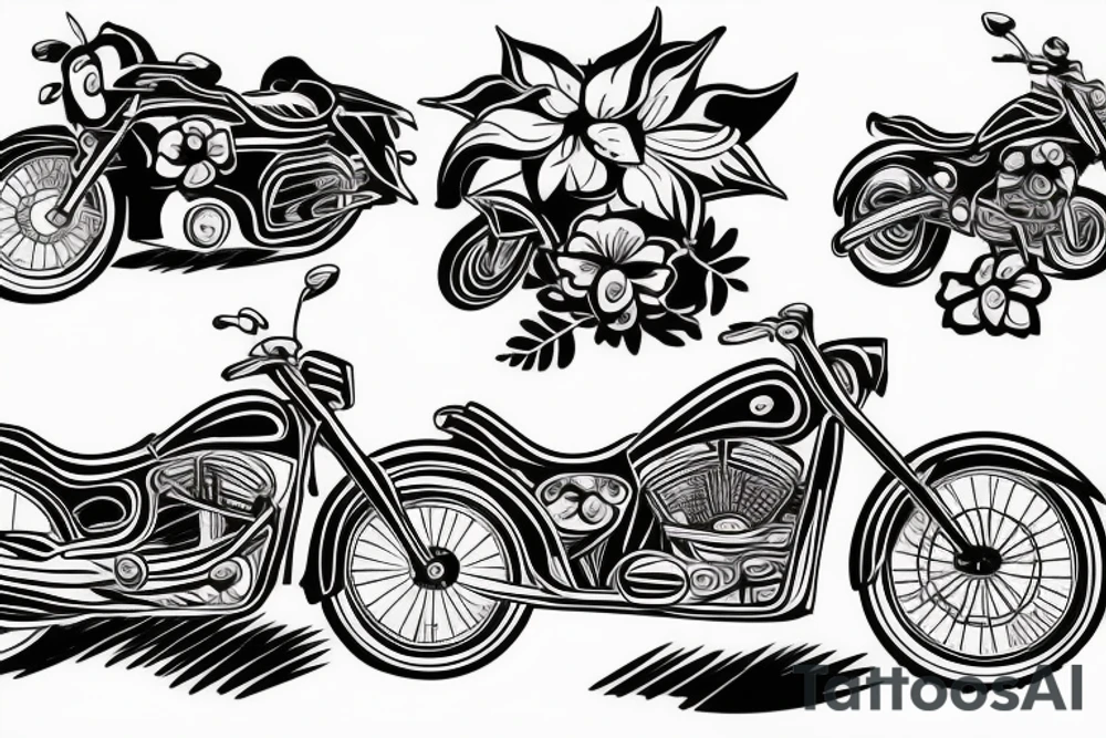 Motorbike with flower basket on front outline cartoon tattoo idea