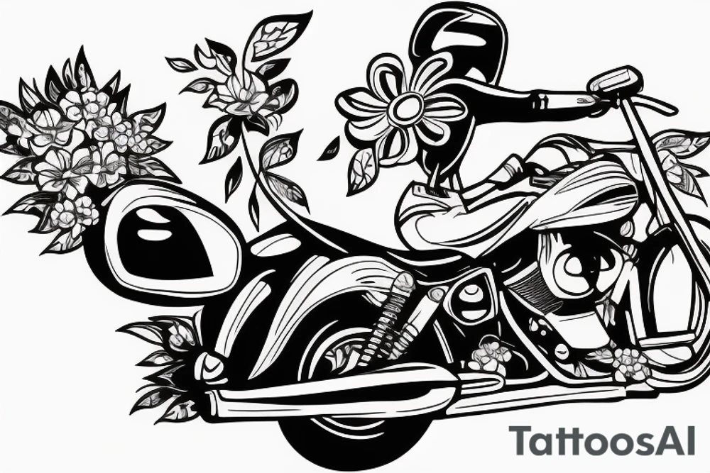 Motorbike with flower basket on front outline cartoon tattoo idea