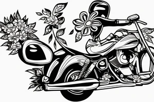 Motorbike with flower basket on front outline cartoon tattoo idea