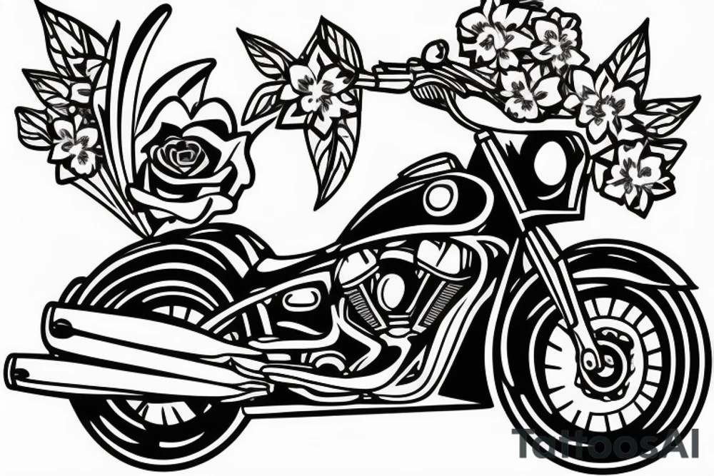 Motorbike with flower basket on front outline cartoon tattoo idea
