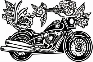 Motorbike with flower basket on front outline cartoon tattoo idea