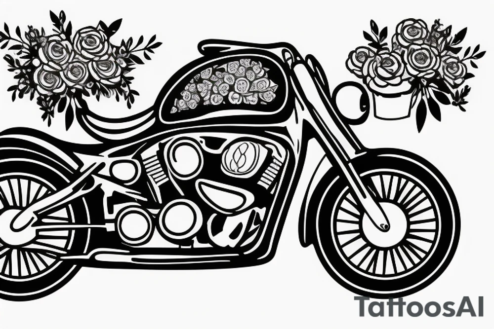 Motorbike with flower basket on front outline cartoon tattoo idea