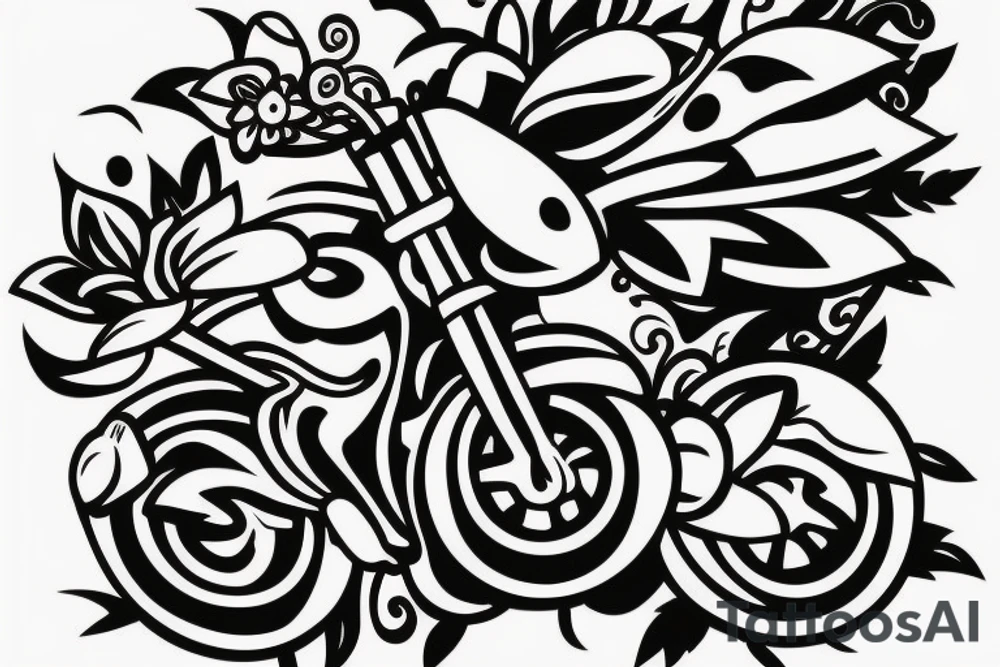 Motorbike with flower basket on front outline cartoon tattoo idea