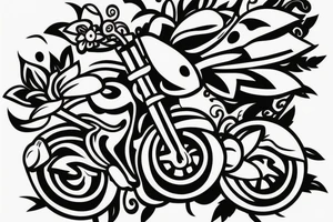 Motorbike with flower basket on front outline cartoon tattoo idea