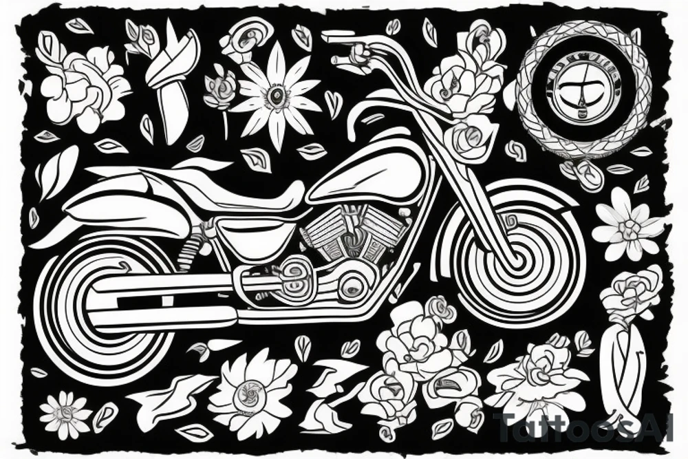 Motorbike with flower basket on front outline cartoon tattoo idea