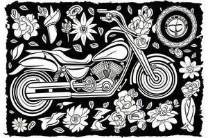 Motorbike with flower basket on front outline cartoon tattoo idea