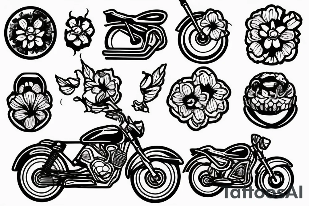 Motorbike with flower basket on front outline cartoon tattoo idea