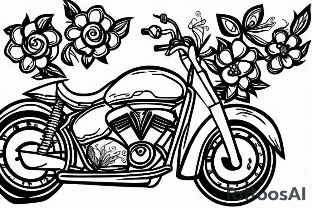 Motorbike with flower basket on front outline cartoon tattoo idea