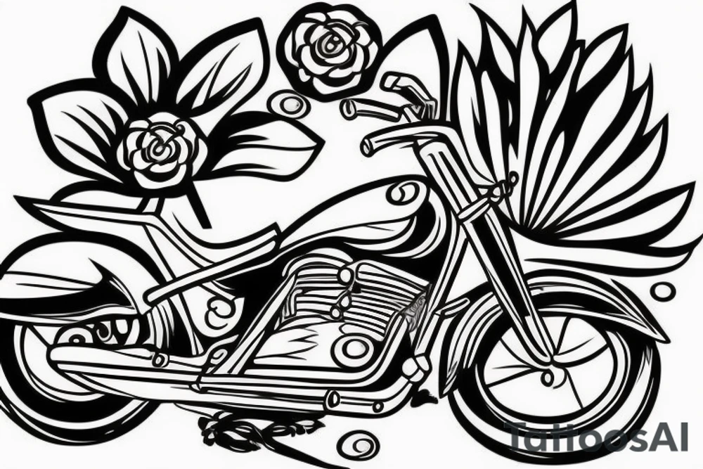 Motorbike with flower basket on front outline cartoon tattoo idea