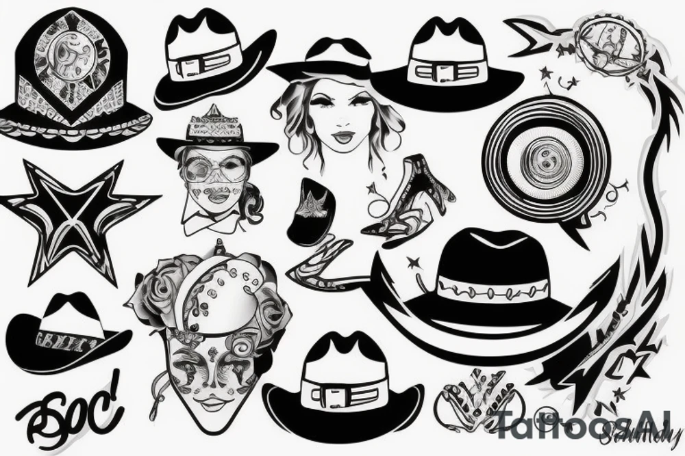 svg, vector,  flash tattoo, 70s chic, woman, disco, cowboy hat tattoo idea