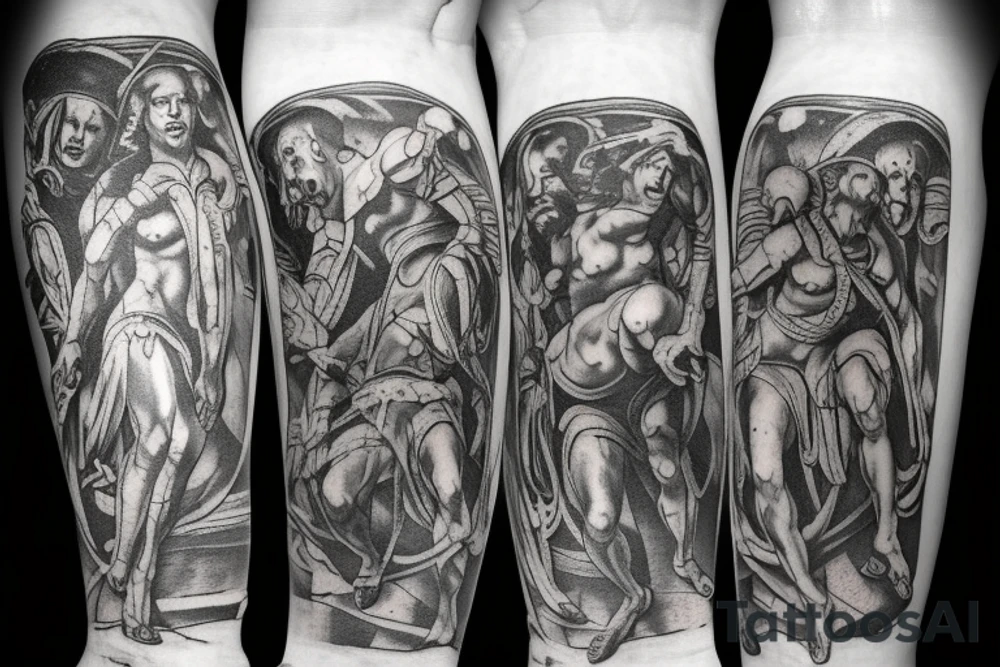 Entire leg sleeve of the 7 layers of Dantes inferno tattoo idea