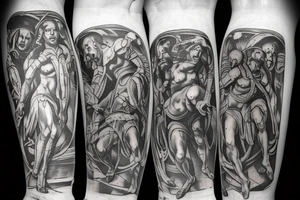 Entire leg sleeve of the 7 layers of Dantes inferno tattoo idea