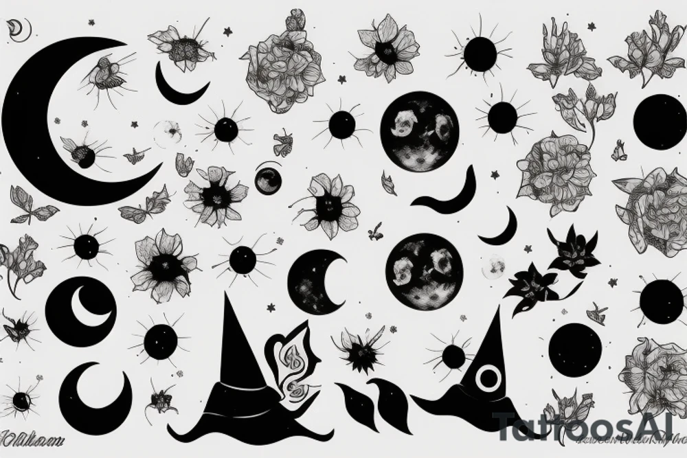 Moon, flowers, eclipse, witch tattoo idea