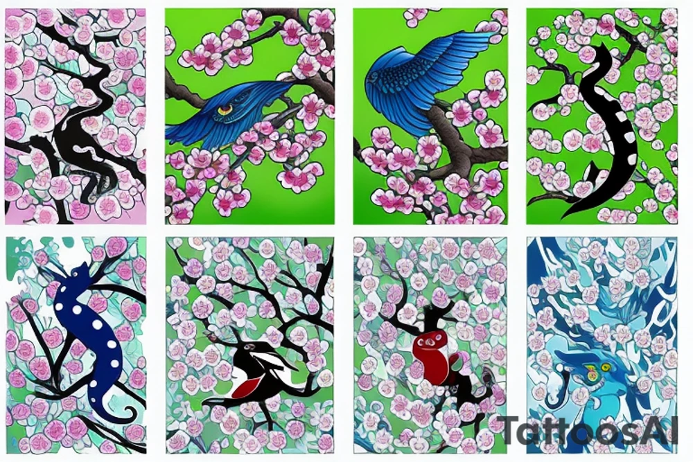 Japanese cherry tree with cherry blossoms, a blue lynx, green lizard, eagle, and elephant tattoo idea