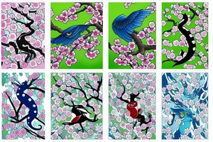 Japanese cherry tree with cherry blossoms, a blue lynx, green lizard, eagle, and elephant tattoo idea