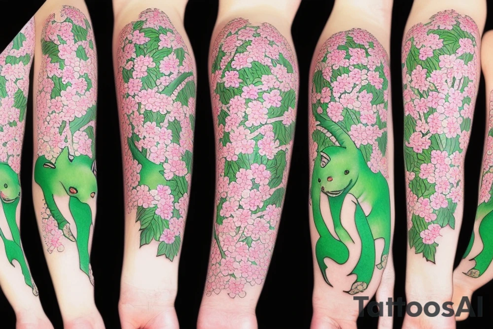 Japanese cherry tree with cherry blossoms, a blue lynx, green lizard, eagle, and elephant tattoo idea