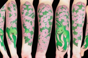 Japanese cherry tree with cherry blossoms, a blue lynx, green lizard, eagle, and elephant tattoo idea
