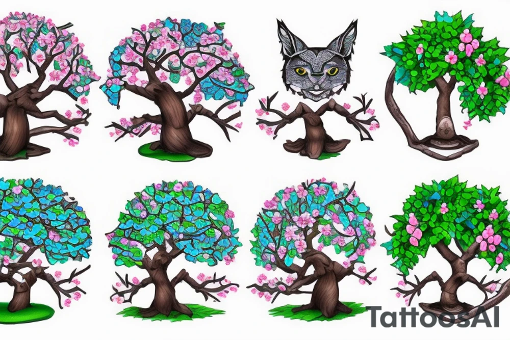 Japanese cherry tree with cherry blossoms, a blue lynx sitting on a branch, a green lizard climbing the tree, eagle perched on top of tree, and elephant standing at base of the tree tattoo idea