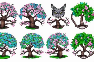 Japanese cherry tree with cherry blossoms, a blue lynx sitting on a branch, a green lizard climbing the tree, eagle perched on top of tree, and elephant standing at base of the tree tattoo idea