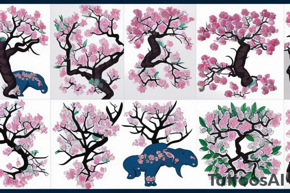 Japanese cherry tree with cherry blossoms, a blue lynx sitting on a branch, a green lizard climbing the tree, eagle perched on top of tree, and elephant standing at base of the tree tattoo idea