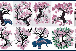 Japanese cherry tree with cherry blossoms, a blue lynx sitting on a branch, a green lizard climbing the tree, eagle perched on top of tree, and elephant standing at base of the tree tattoo idea