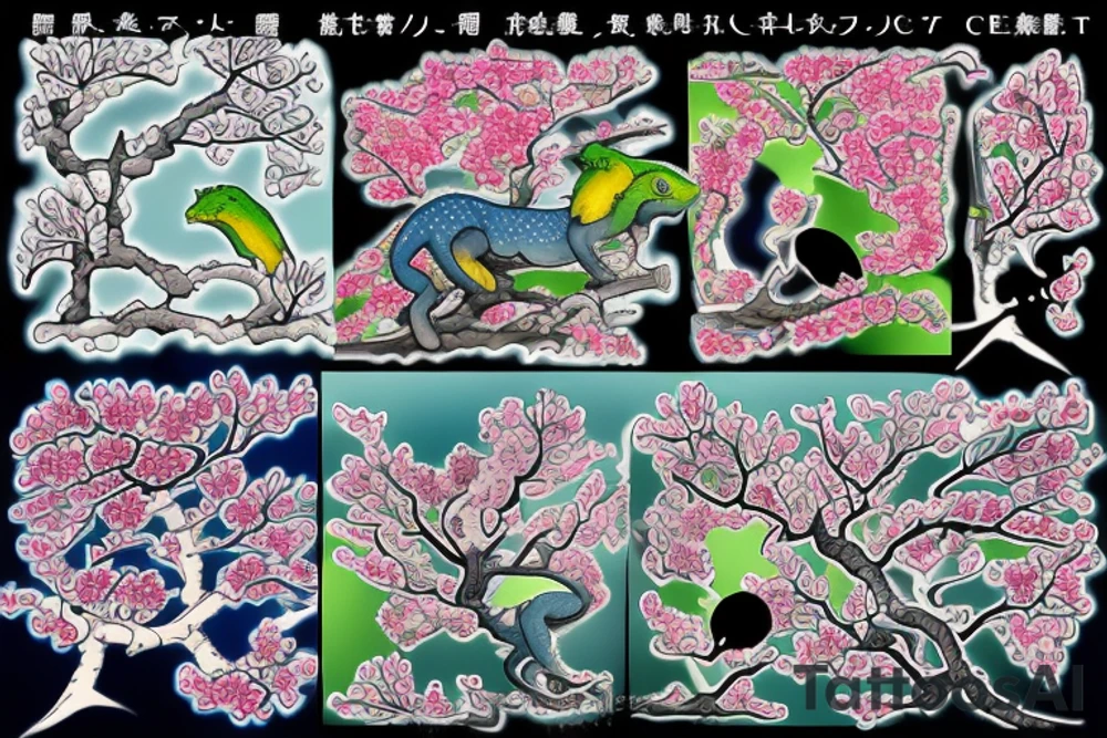 Japanese cherry tree with cherry blossoms, a blue lynx sitting on a branch, a green lizard climbing the tree, eagle perched on top of tree, and elephant standing at base of the tree tattoo idea