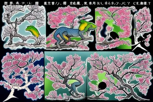 Japanese cherry tree with cherry blossoms, a blue lynx sitting on a branch, a green lizard climbing the tree, eagle perched on top of tree, and elephant standing at base of the tree tattoo idea