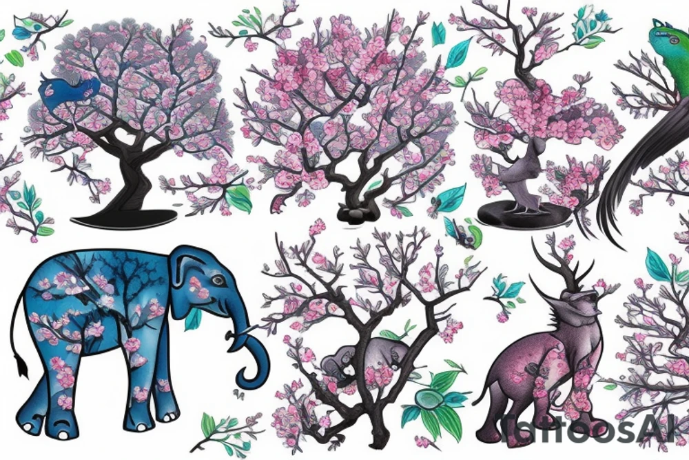 Japanese cherry tree with cherry blossoms, a blue lynx sitting on a branch, a green lizard climbing the tree, eagle perched on top of tree, and elephant standing at base of the tree tattoo idea